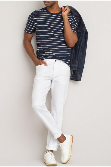 Striped Organic Cotton T-Shirt with Crew Neck and Short Sleeves