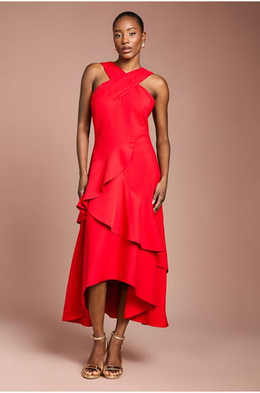 Cross Neck Ruffle Crepe Midi Dress