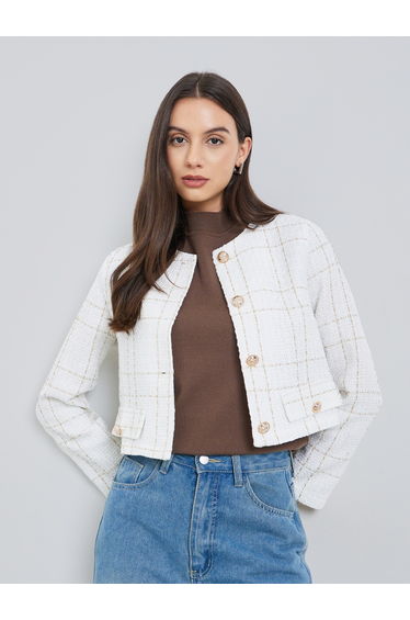 White Tweed Button Front Jacket