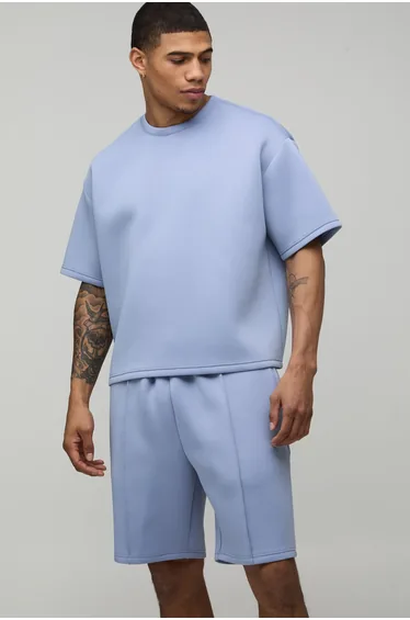 Regular Fit Bonded Scuba T-Shirt & Slim Pintuck Short Set - dusty blue