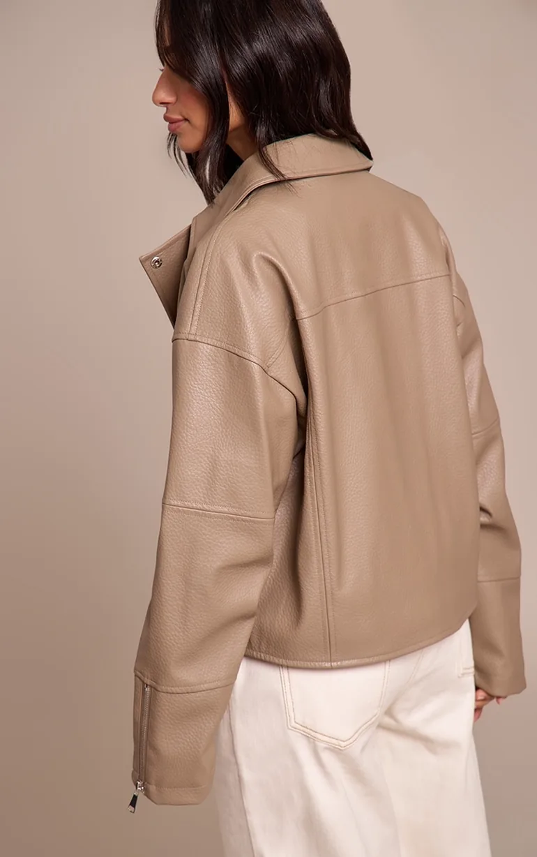 Petite Taupe Faux Leather Oversized Biker Jacket - 2