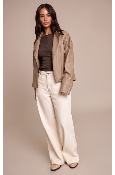Petite Taupe Faux Leather Oversized Biker Jacket
