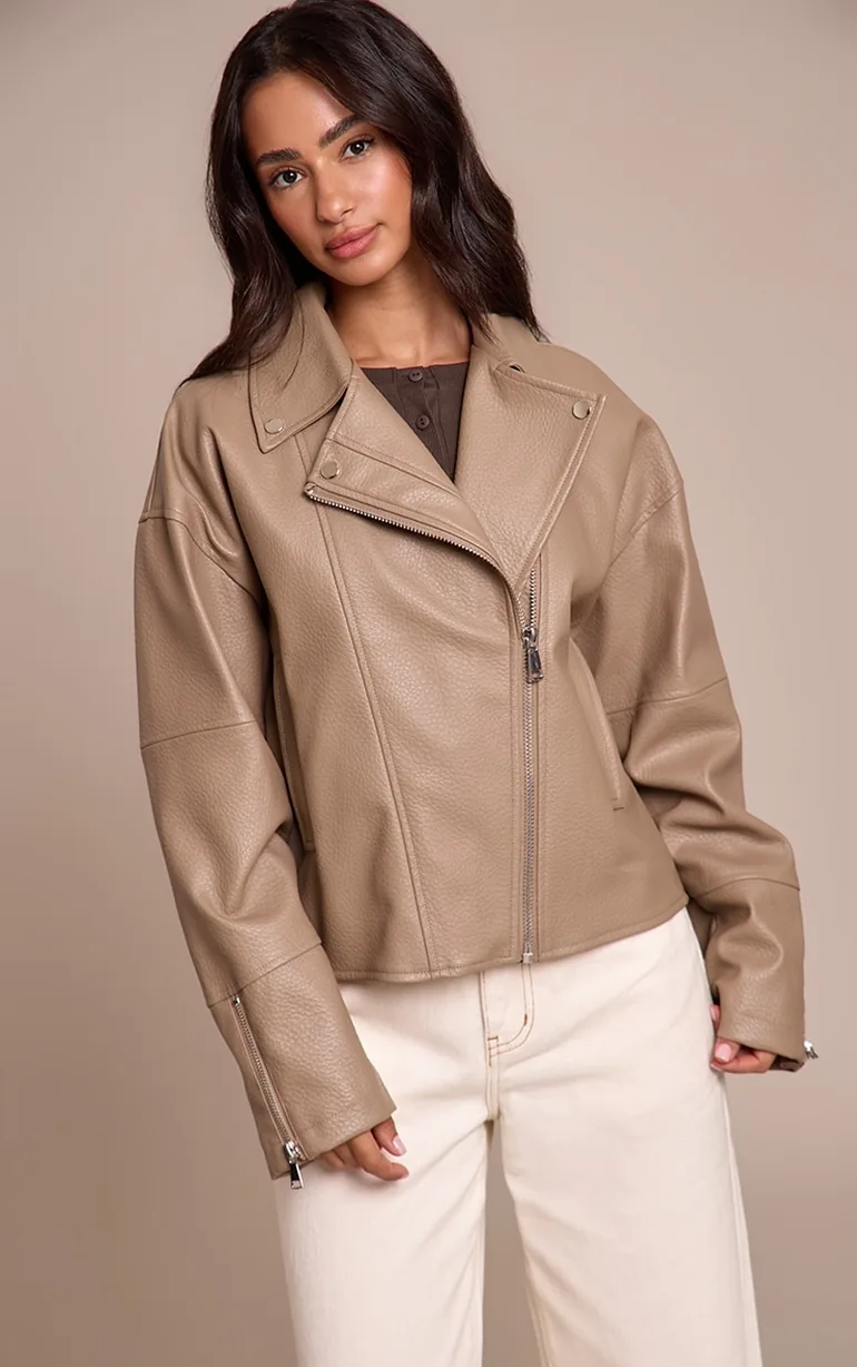 Petite Taupe Faux Leather Oversized Biker Jacket - 1