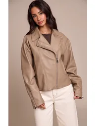 Petite Taupe Faux Leather Oversized Biker Jacket - 1