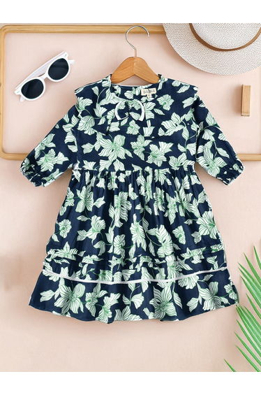 All-Over Floral Print Ruffle Trim Cotton Dress