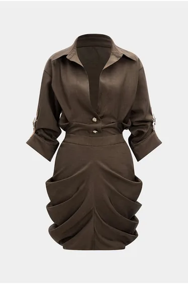 Ruched Button V-Neck Long Sleeve Midi Dress