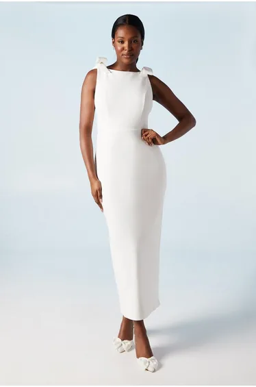 Bow Shoulder Crepe Bridal Column Dress