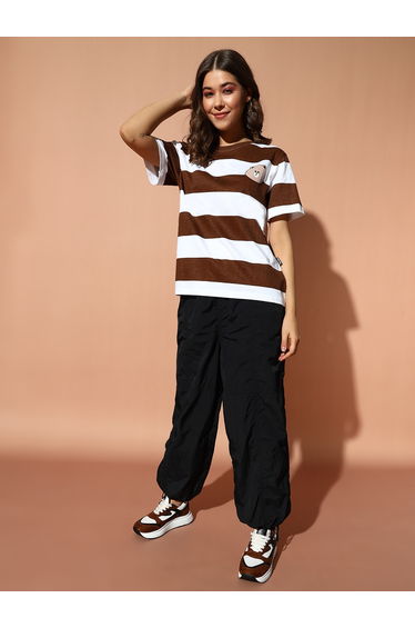 Brown Striped Oversized T-Shirt with Bear Patch