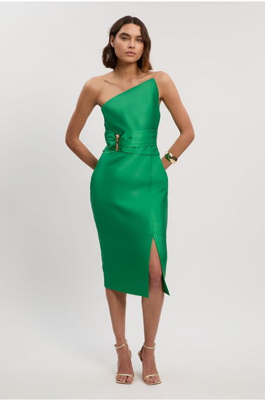 Satin Twill Trim Detail Structured Asymmetric Neck Tailored Dress