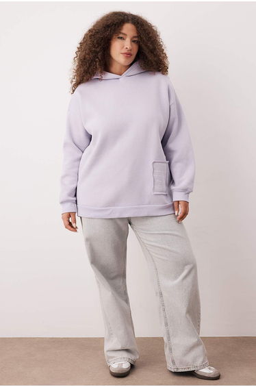 Lilac Hooded Slogan Detailed Fleece Thick Knitted Sweatshirt