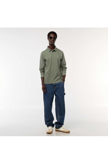 Plain long-sleeved piqué knit polo shirt GREEN