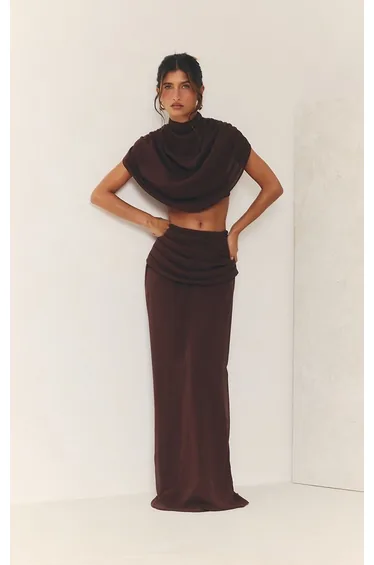 Dark Brown Chiffon Pleated Draped Maxi Skirt Co-ord