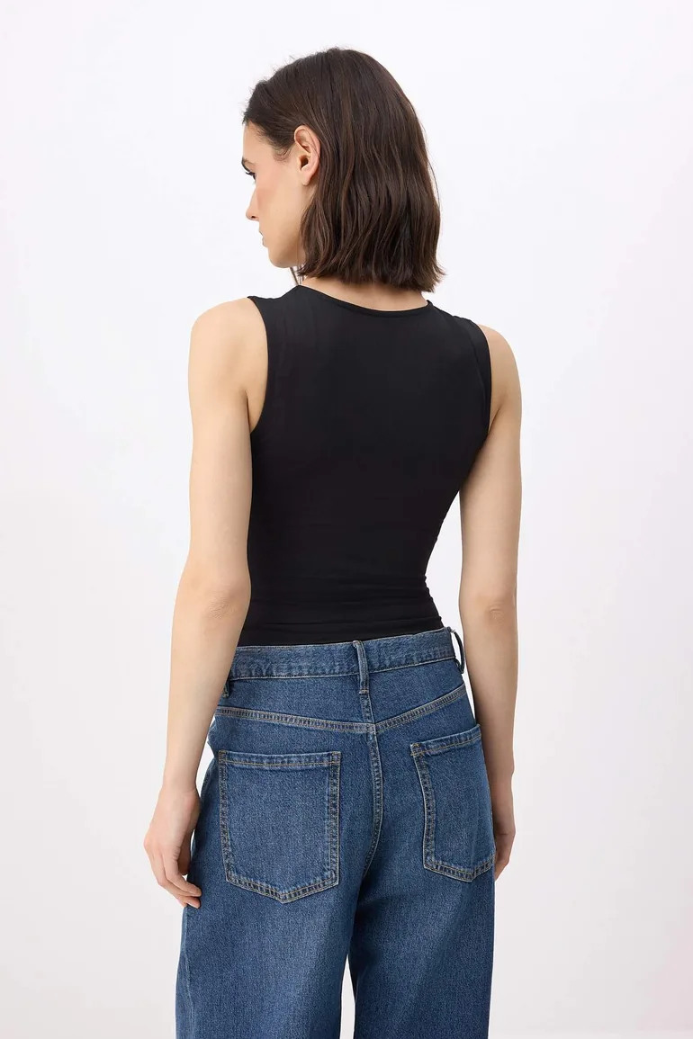 Black Bodycon Sleeveless Stretchy Knitted Bodysuit - 3