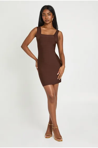 Premium Bandage Scoop Neck Mini Dress - chocolate