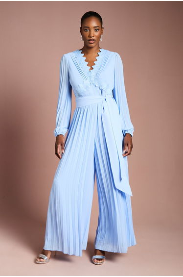 Lace Trim Pleated Leg Jumpsuit With Tie Waist