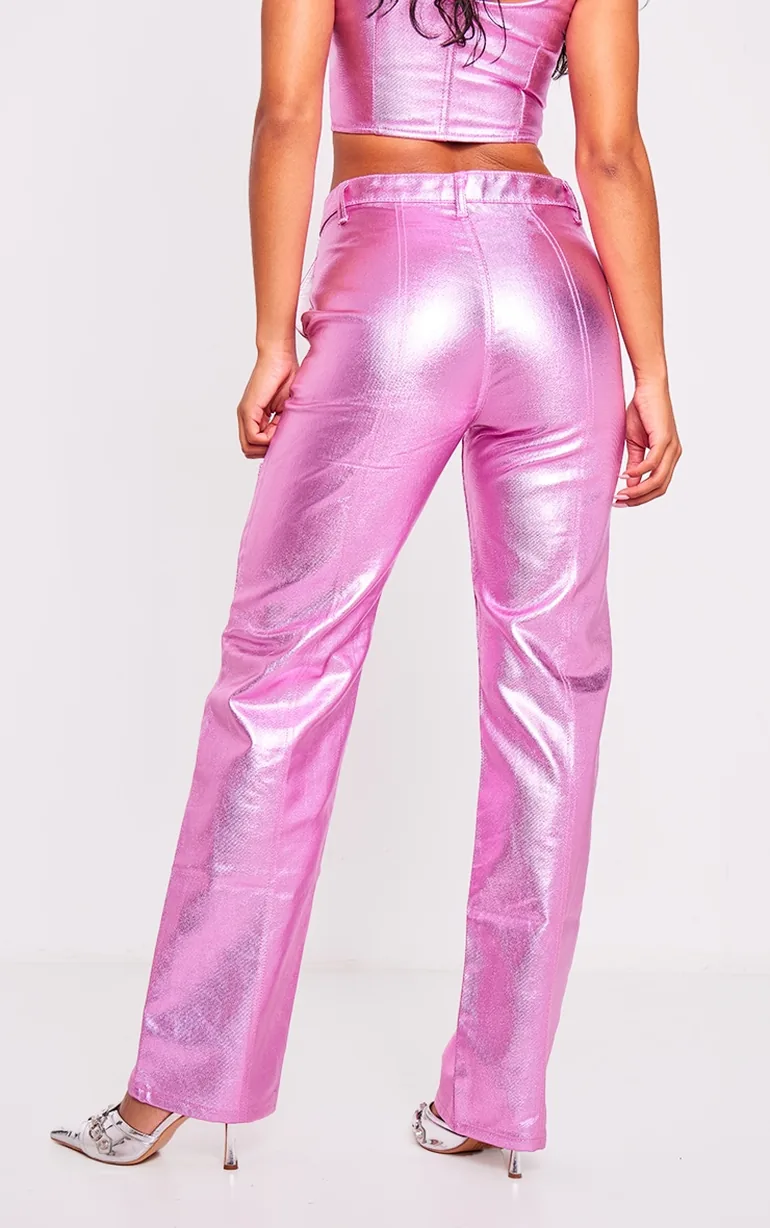 Pink Metallic Denim Stitch Detail Straight Leg Jeans - 2