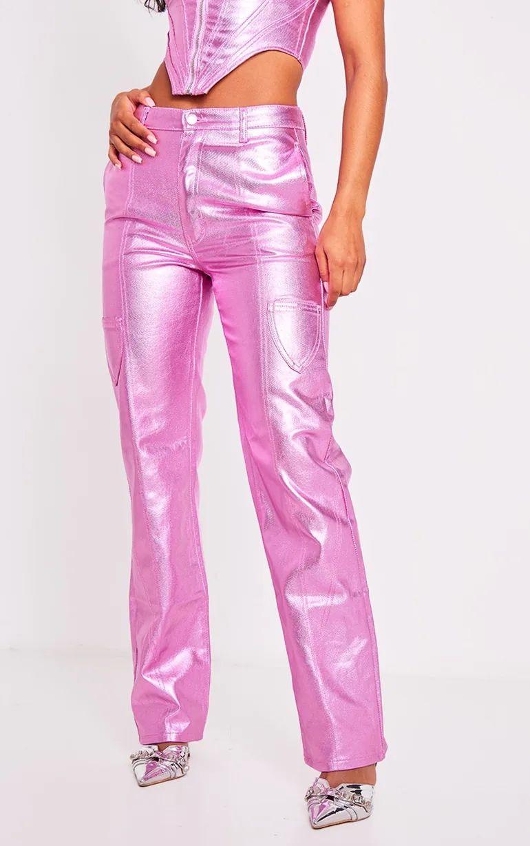 Pink Metallic Denim Stitch Detail Straight Leg Jeans - 1