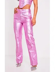Pink Metallic Denim Stitch Detail Straight Leg Jeans - 1