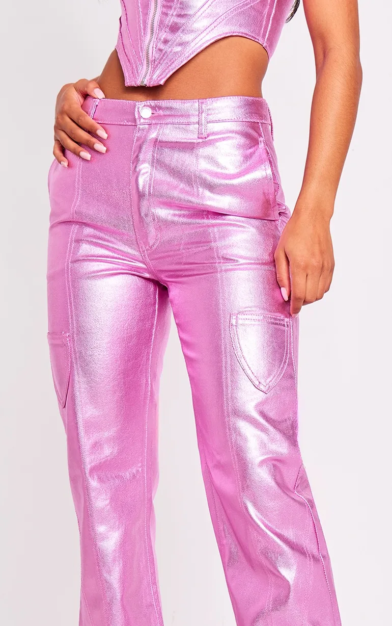 Pink Metallic Denim Stitch Detail Straight Leg Jeans - 3