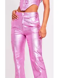 Pink Metallic Denim Stitch Detail Straight Leg Jeans - 3