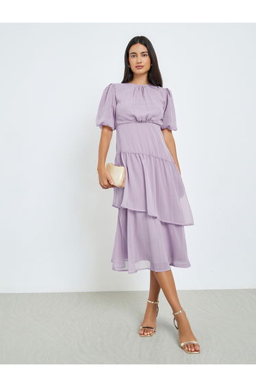 Lilac Puff Sleeve Tiered Midi Dress