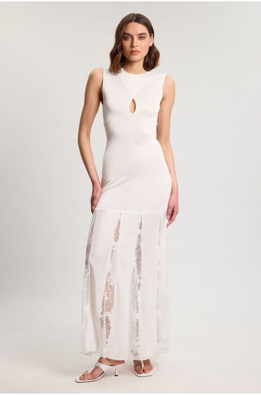Petite Viscose Blend Slinky Sheer Lace Detail Knit Maxi Dress