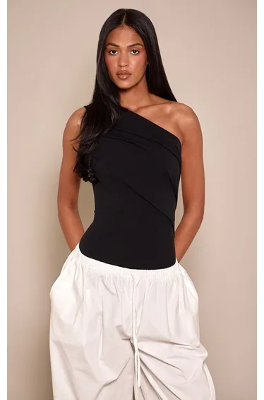 Tall Black Soft Cotton Asymmetric Bodysuit