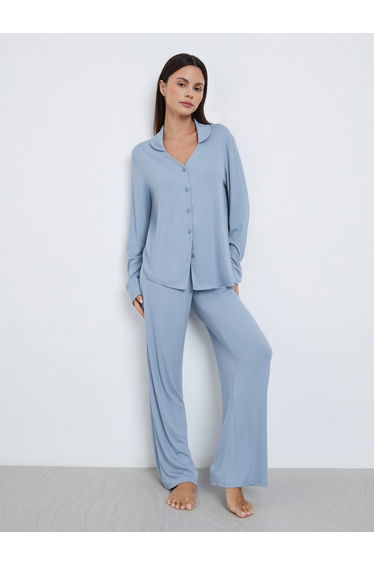 Supersoft Viscose Open Collar Buttoned Shirt and Pyjama Set