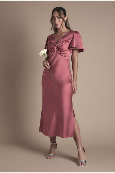 Satin Twist Front Angel Sleeve Midi Bridesmaid Dress