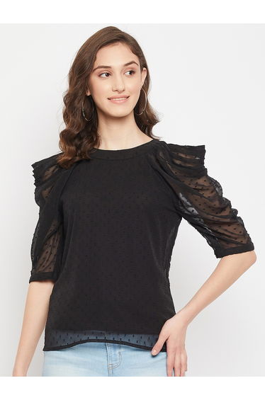 Women Black Mesh Puff Sleeve Top