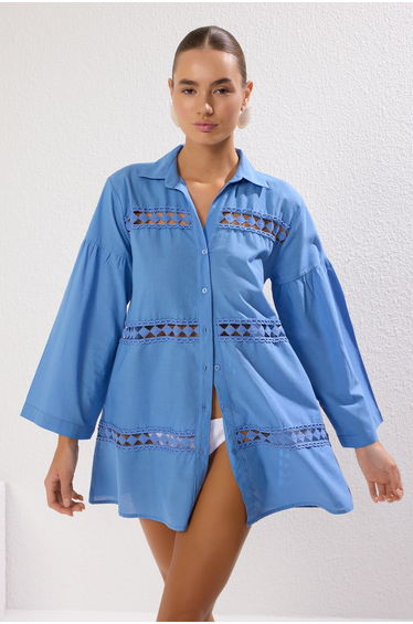 Blue Weaving 100% Cotton Beach Shirt
