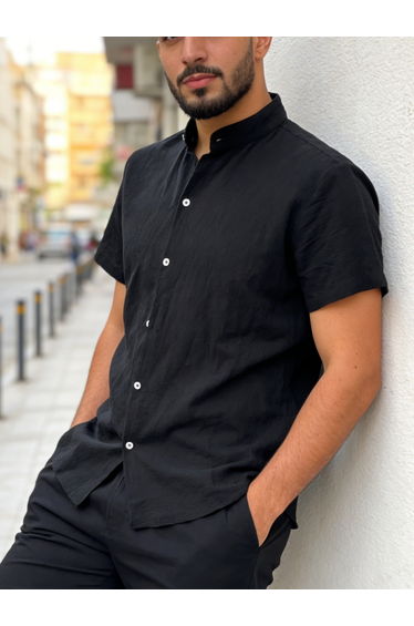 Men Black Mandarin Collar Short Sleeve Shirt