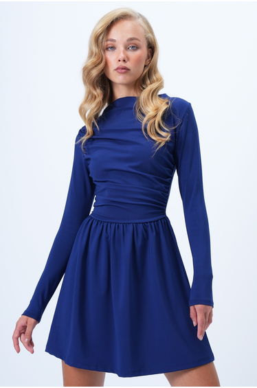 Women's Navy Blue Low Collar Drape Detailed Sandy Flared Dress