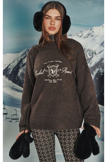 Brown High Neck Slogan Knitted Jumper