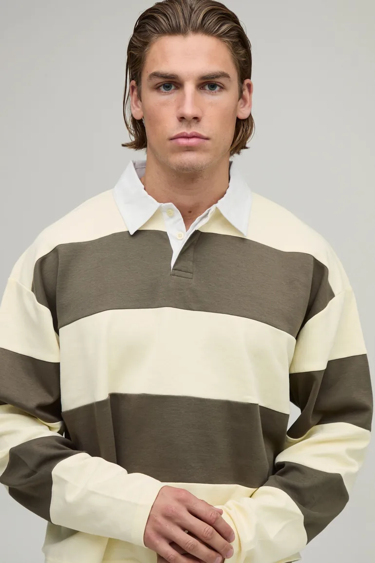 Oversized Shrunken Stripe Interlock Long Sleeve Rugby Polo - yellow - 2