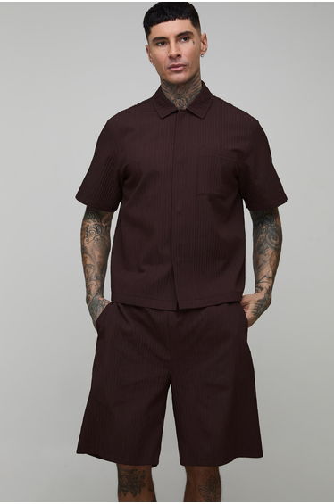 Tall Textured Oversized Boxy Shirt & Relaxed Short Set - chocolate