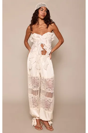Cream Satin Lace Panel Tie Cuff Detail Balloon Trousers