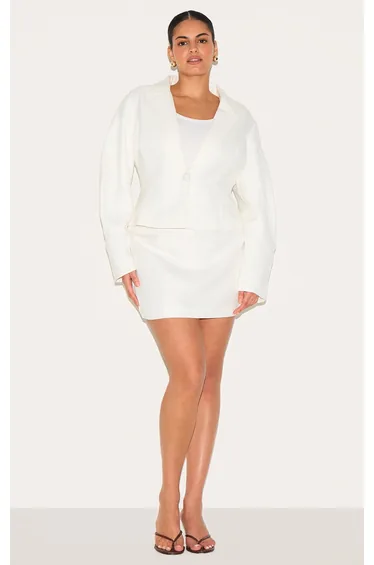 Plus Cream Boucle Cinched Waist Blazer