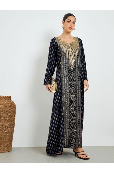 Navy Blue Foil Print Sweetheart Neck Jalabiya