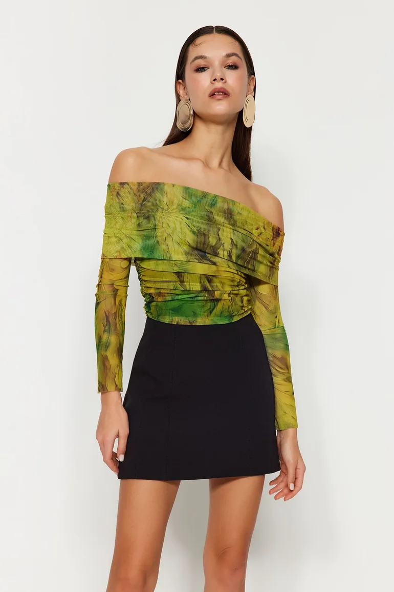 Multi Color Patterned Tulle Blouse