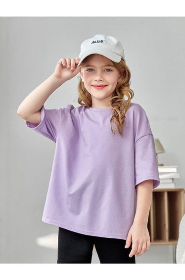 Girl Lilac Oversize T-shirt Biker Shorts Set