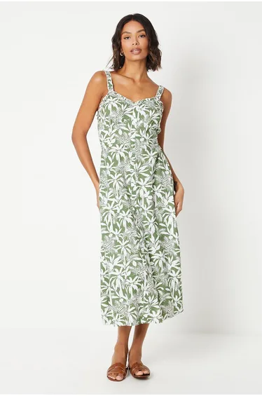 Palm Button Through Frill Neckline Midaxi Dress