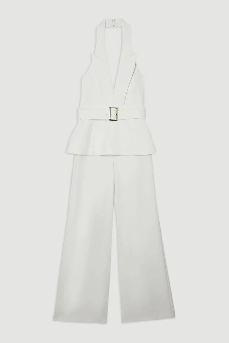 Compact Stretch Halterneck Tailored Wide Leg Jumpsuit - 3