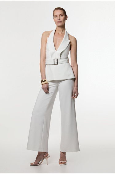 Compact Stretch Halterneck Tailored Wide Leg Jumpsuit