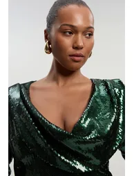 Plus Size Sequin Plunge Cowl Neck Strong Shoulder Long Sleeve Midi Dress - 2