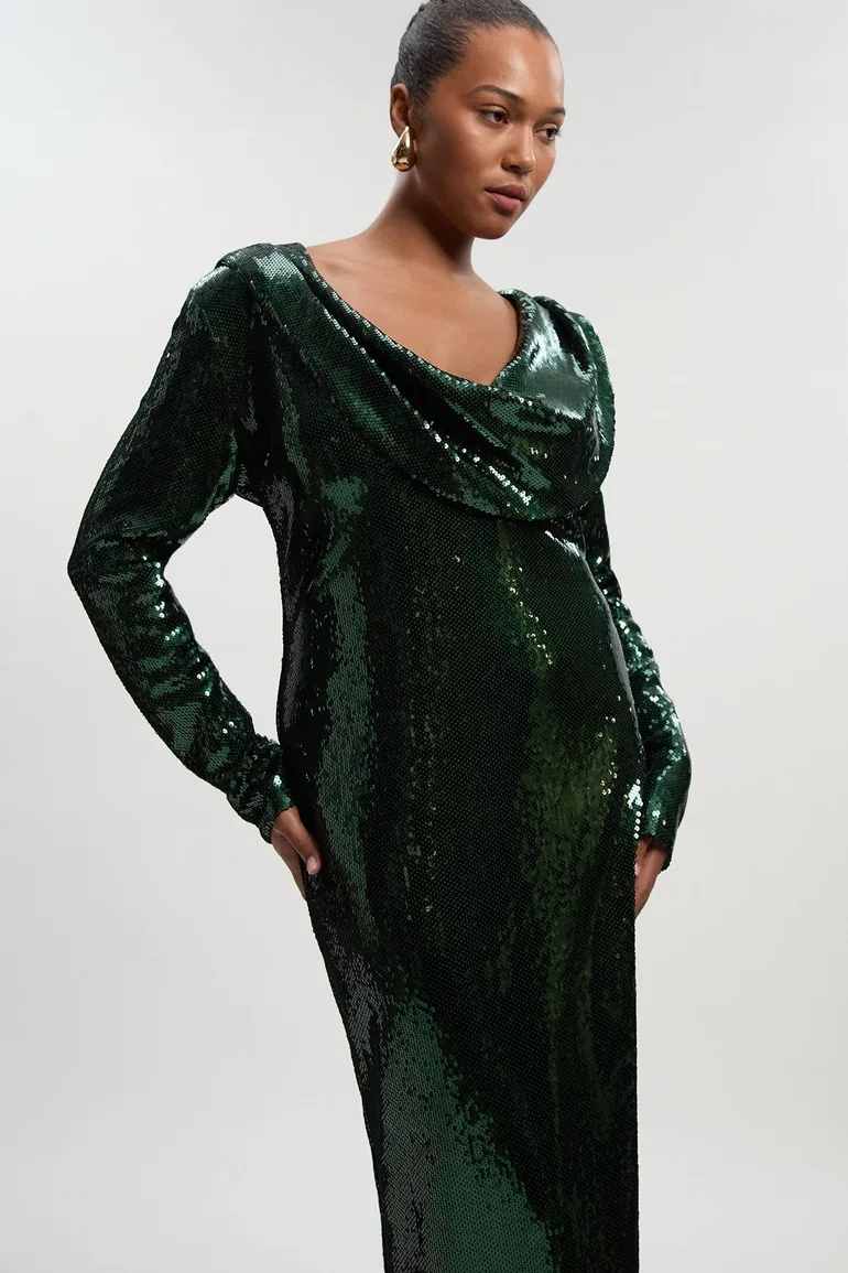 Plus Size Sequin Plunge Cowl Neck Strong Shoulder Long Sleeve Midi Dress - 1