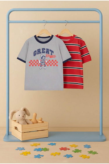 Gray-Burgundy Printed Knitted T-Shirt Tkdss26Ts00041