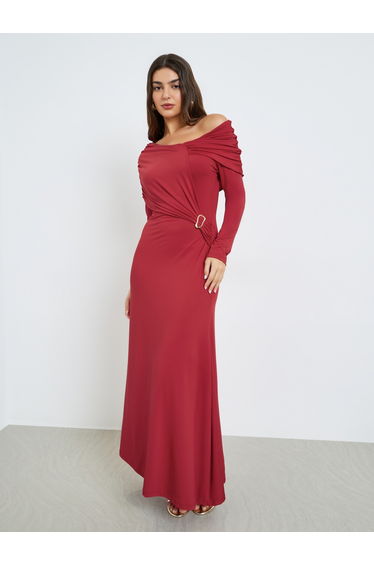 Red Asymmetric Neck Maxi Dress