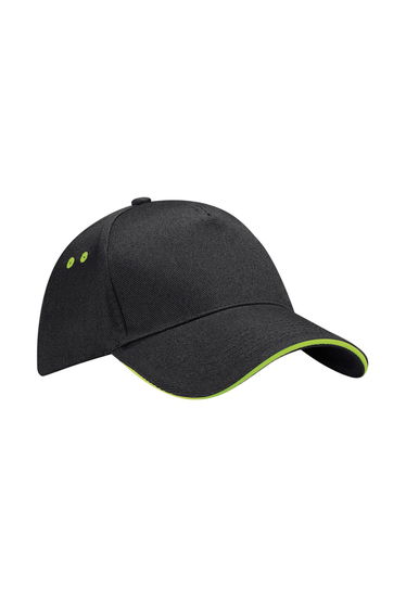 Beechfield 5 Panel Sandwich Peak Baseball Cap - Black/Lime Green
