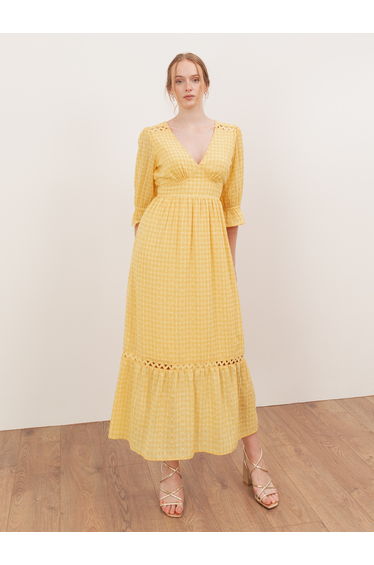 Lovedrobe Yellow Gingham V Neck Midaxi Dress